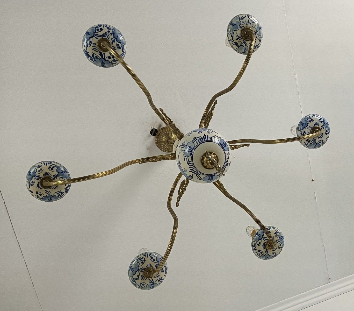 Delft Chandelier Blue White 6 Arm 6 Lights Modernist Vintage Porcelain Brass photo 538.0