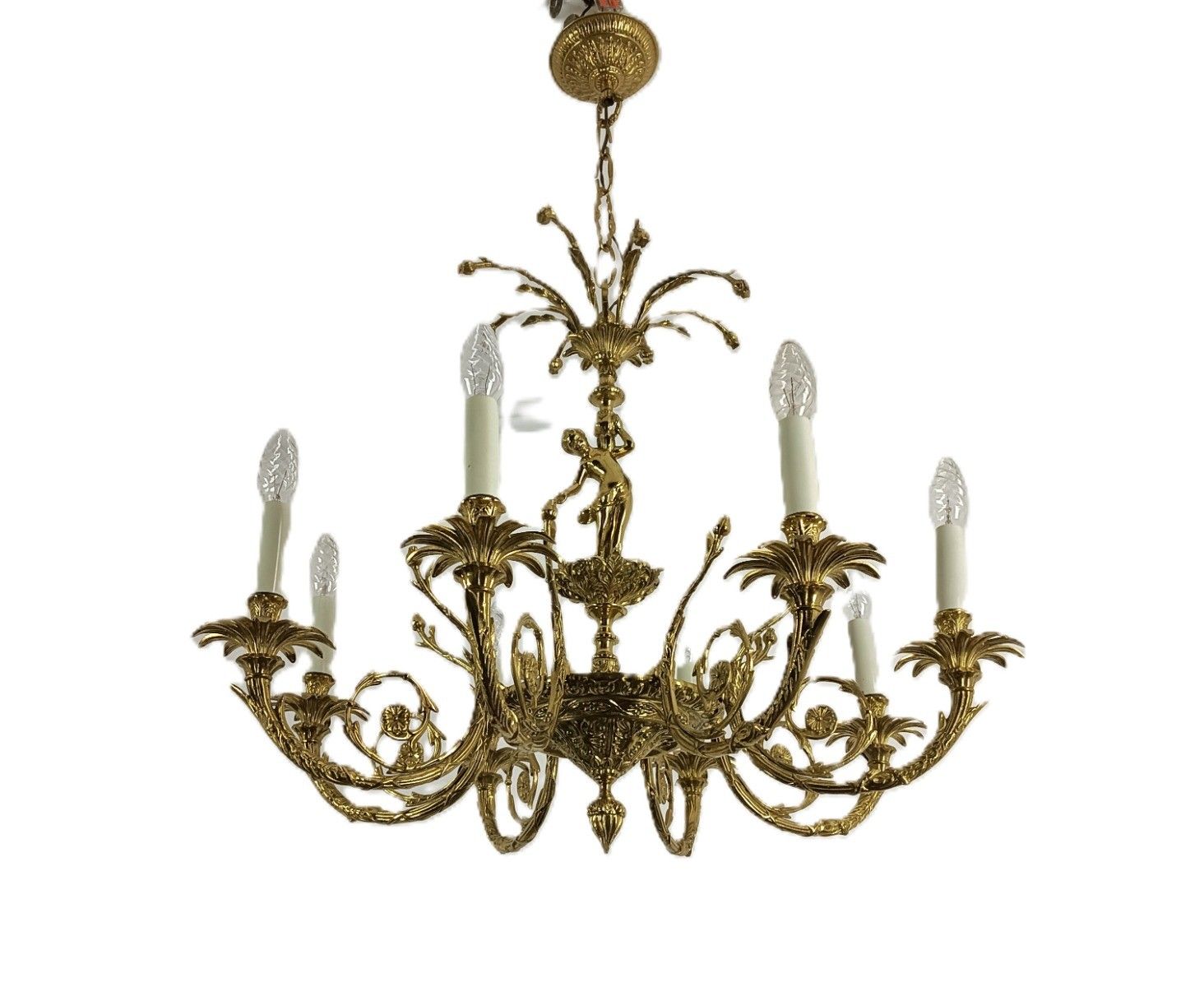 Ornate Hollywood Regency Chandelier 6 Arm Lights Brass Lady Vintage Spanish Revi
