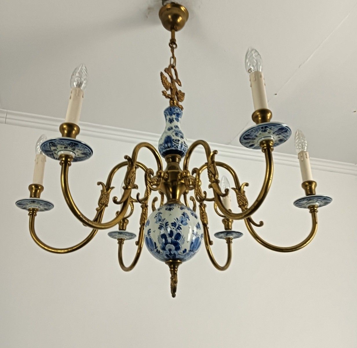 Delft Chandelier Fixture Blue White Porcelain Brass, 6 Arm Lights Barn Style photo furniture