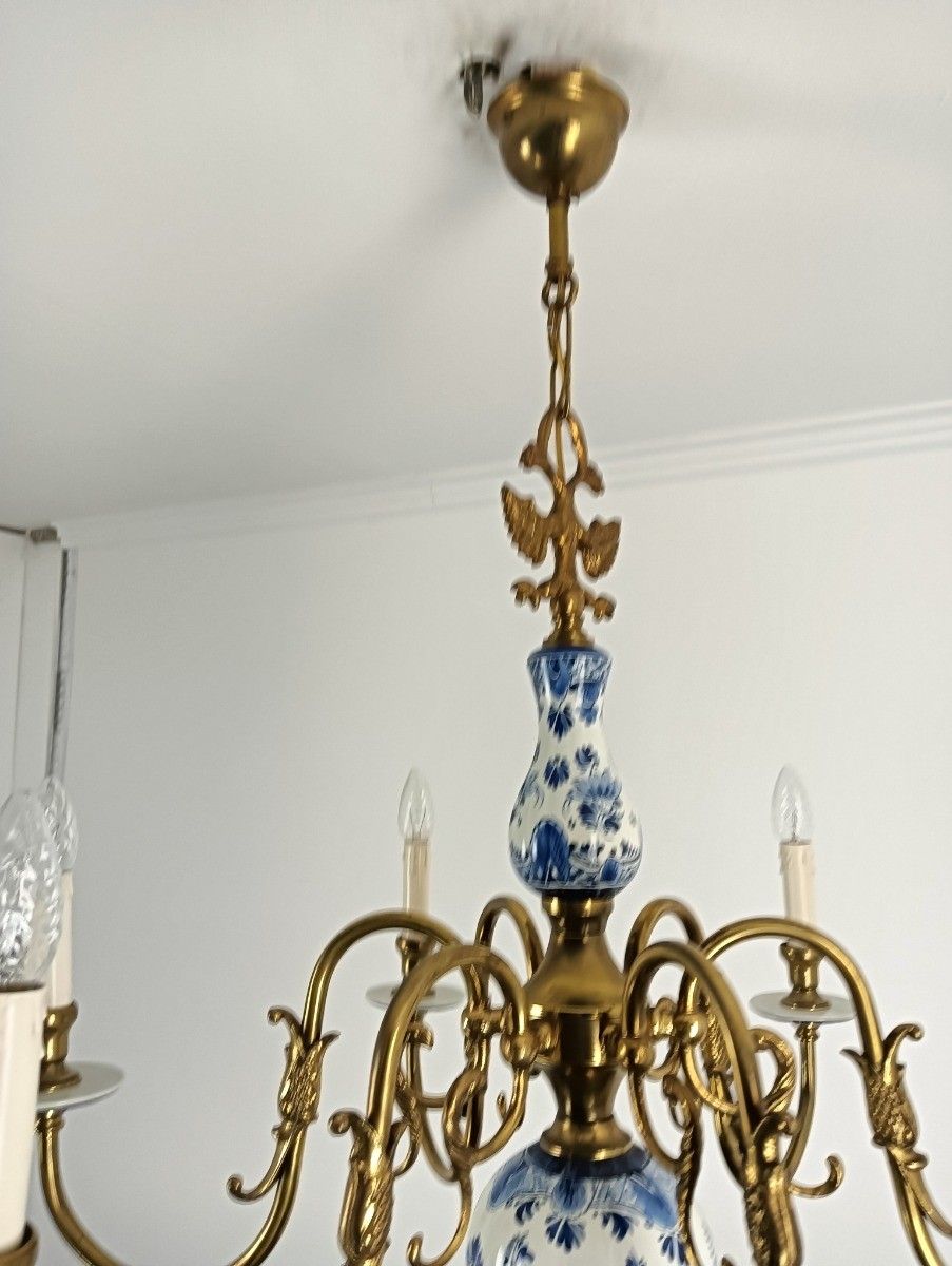 Delft Chandelier Fixture Blue White Porcelain Brass, 6 Arm Lights Barn Style photo 898.0