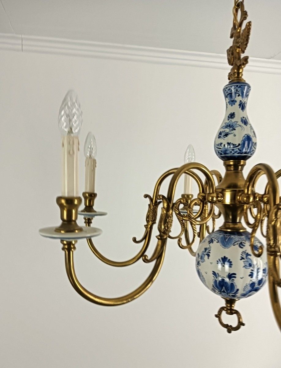 Delft Chandelier Fixture Blue White Porcelain Brass, 6 Arm Lights Barn Style photo buy
