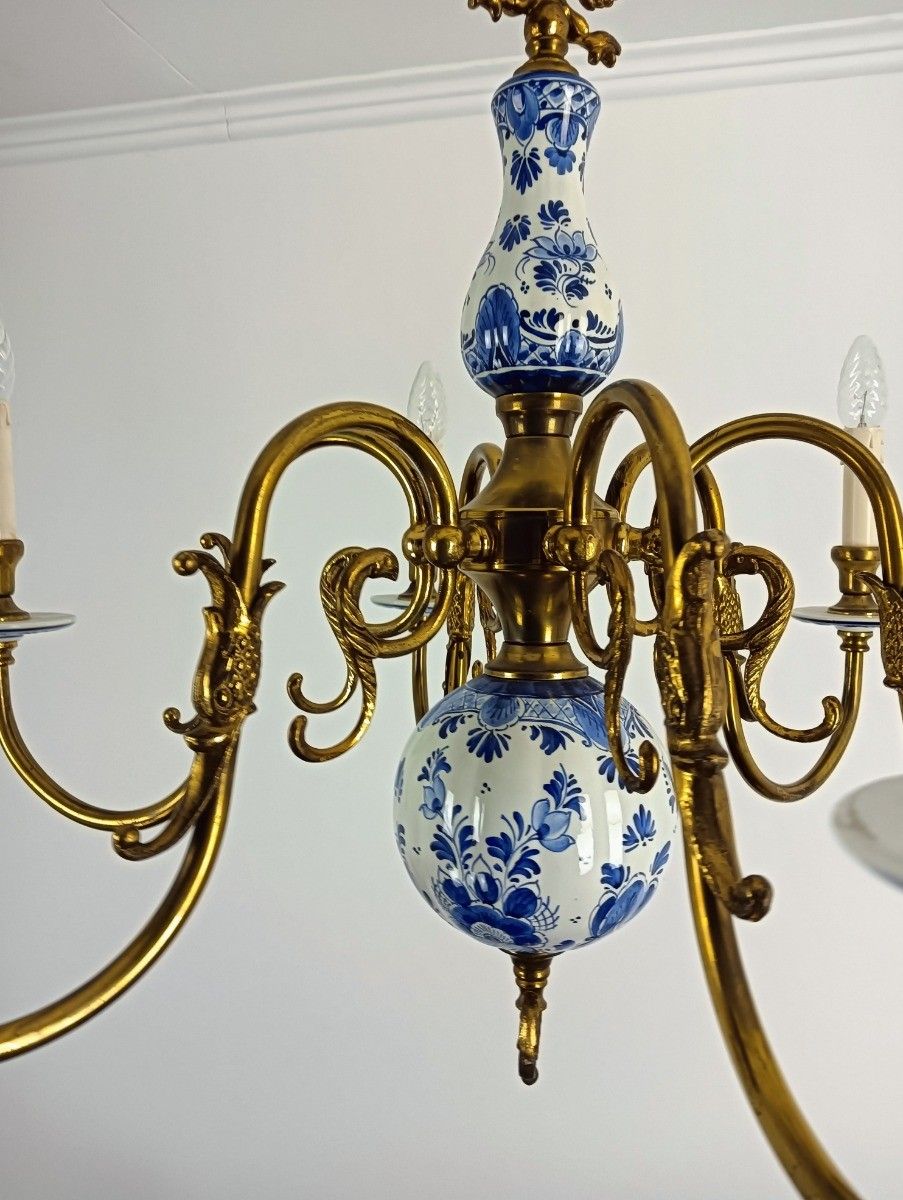 Delft Chandelier Fixture Blue White Porcelain Brass, 6 Arm Lights Barn Style photo vintage