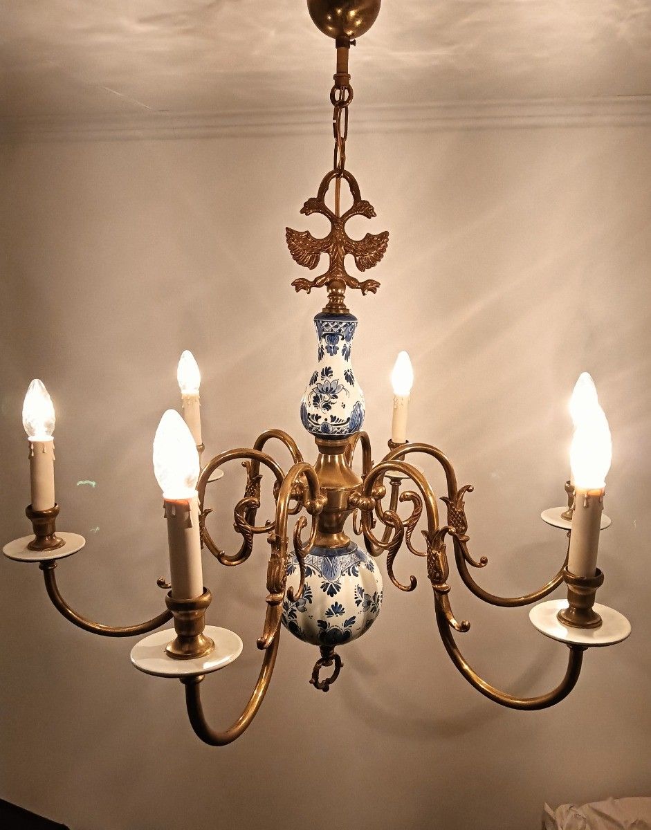 photo furniture Delft Chandelier Fixture Blue White Porcelain Brass, 6 Arm Lights Barn Style