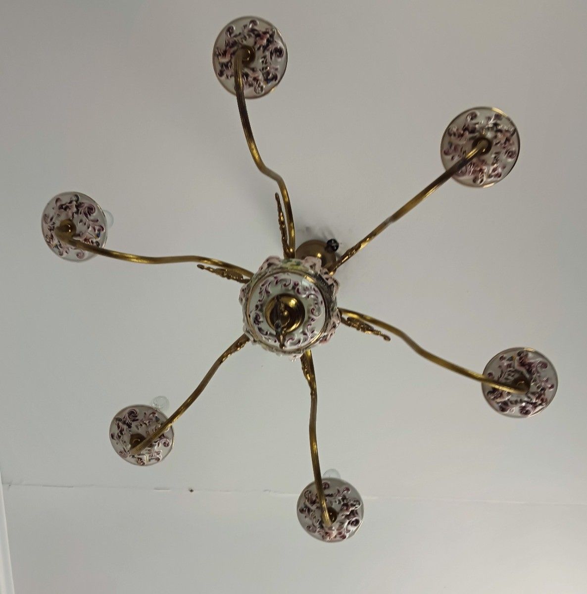 Capodimonte Porcelain Chandelier 6 Arm Lights, White,  Italy Brass Putti Vintage photo furniture