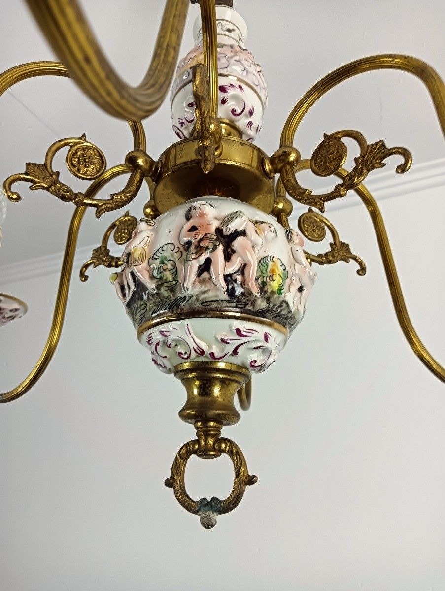 Capodimonte Porcelain Chandelier 6 Arm Lights, White,  Italy Brass Putti Vintage photo Lighting