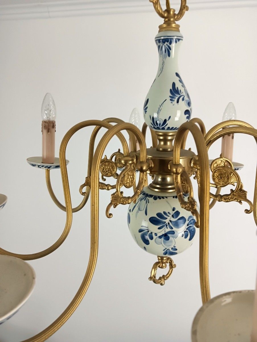 Large Delft Chandelier Blue White Porcelain Brass 8 Arm Lights Vintage Barn Styl photo vinterior