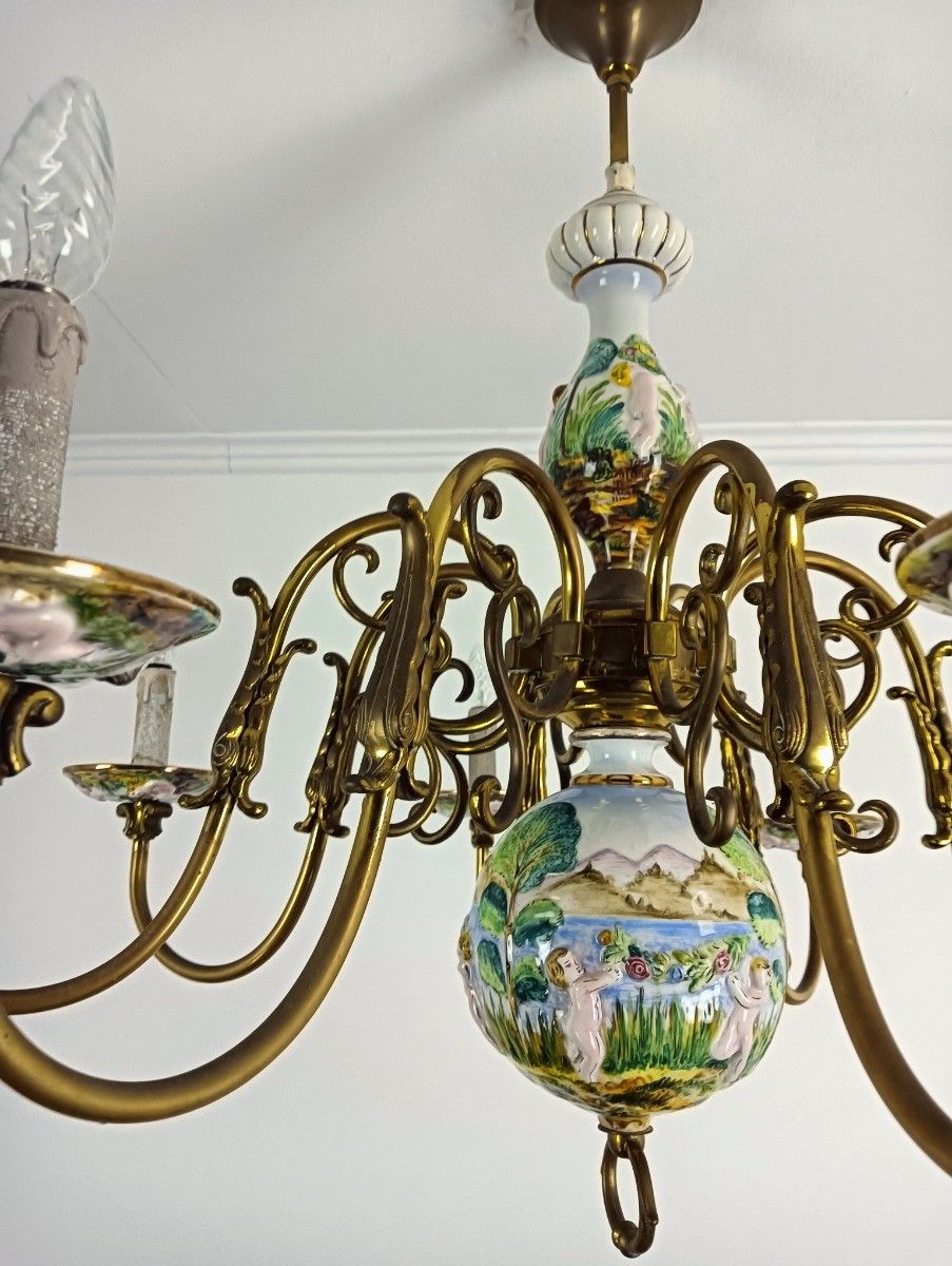 Xl Porcelain Capodimonte Porcelain Brass 8 Arm Lights Italy Vintage photo 898.0