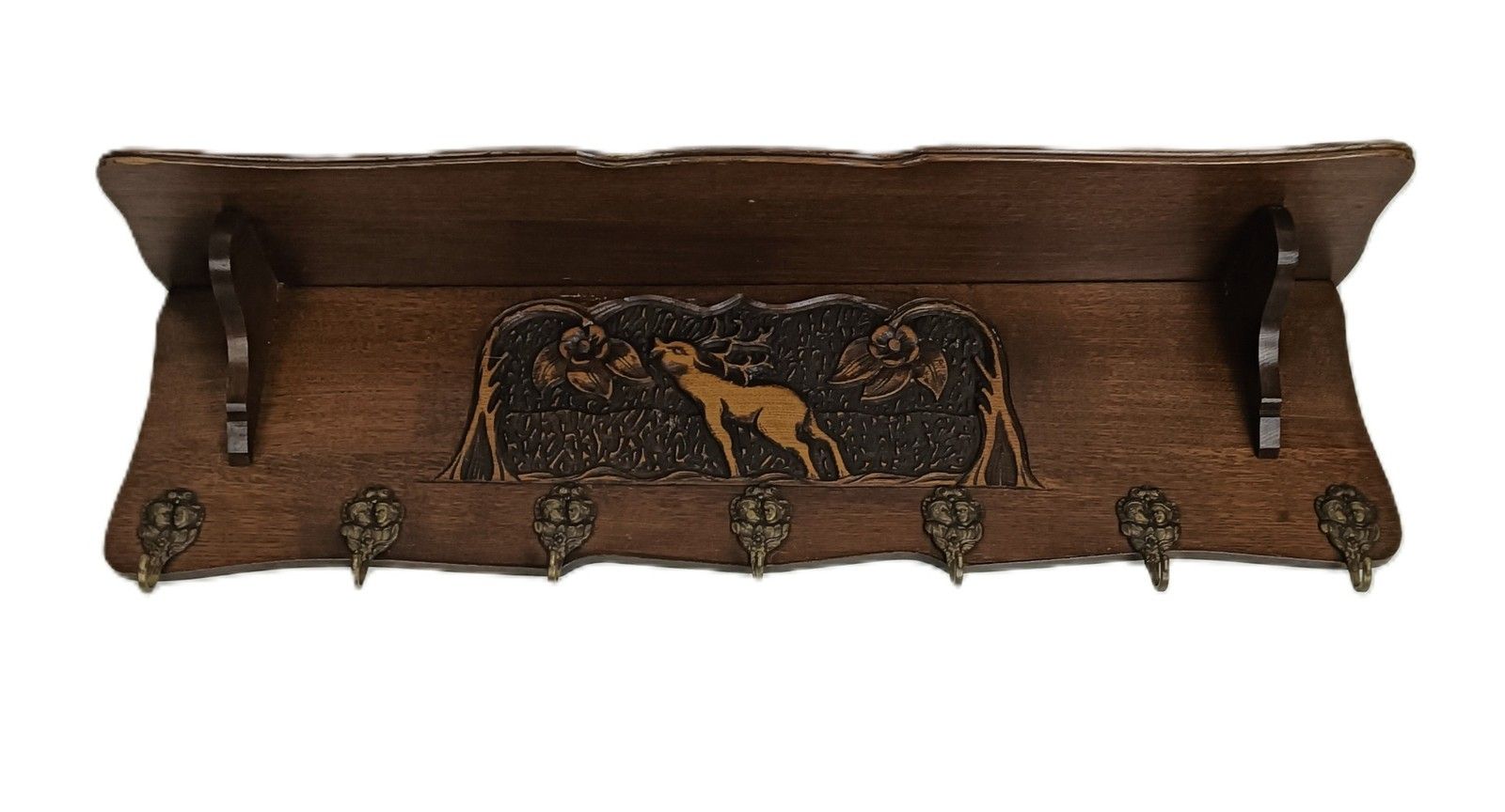 Antique Hand Carved Wooden Coat Rack Large Deer Flowers Ornate photo furniture