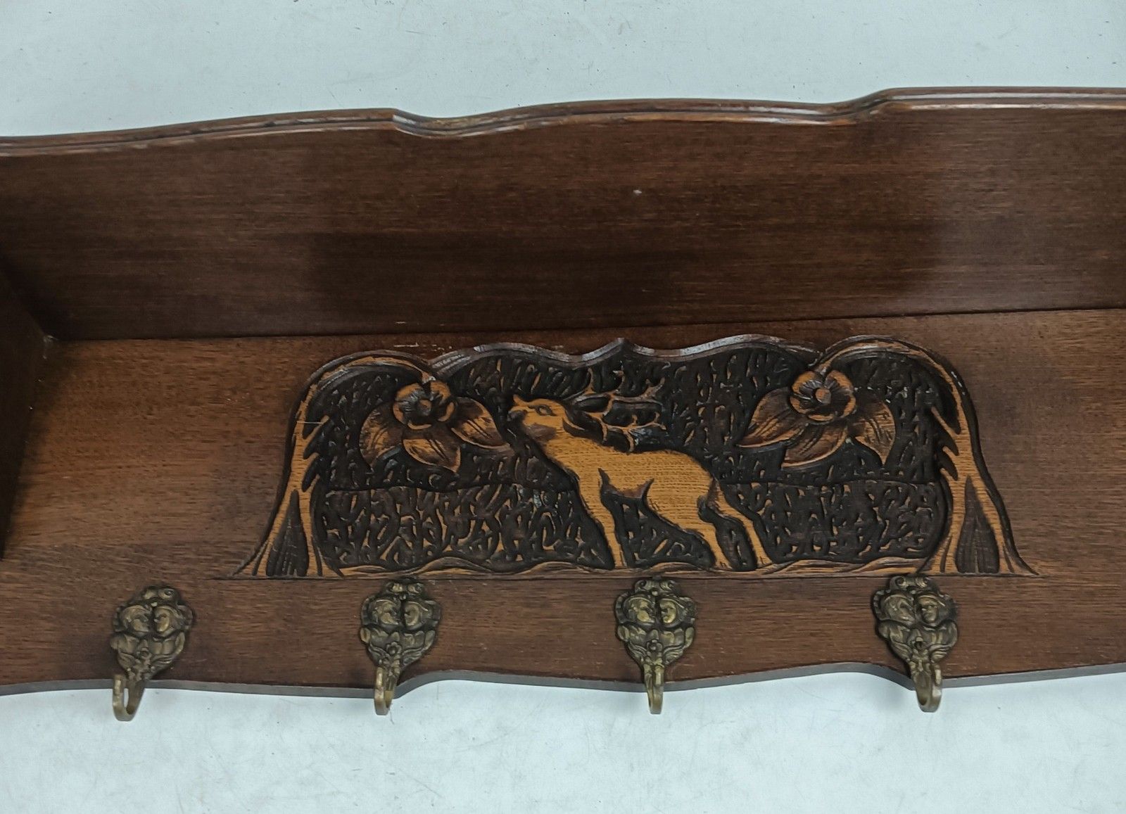 Antique Hand Carved Wooden Coat Rack Large Deer Flowers Ornate photo for sale