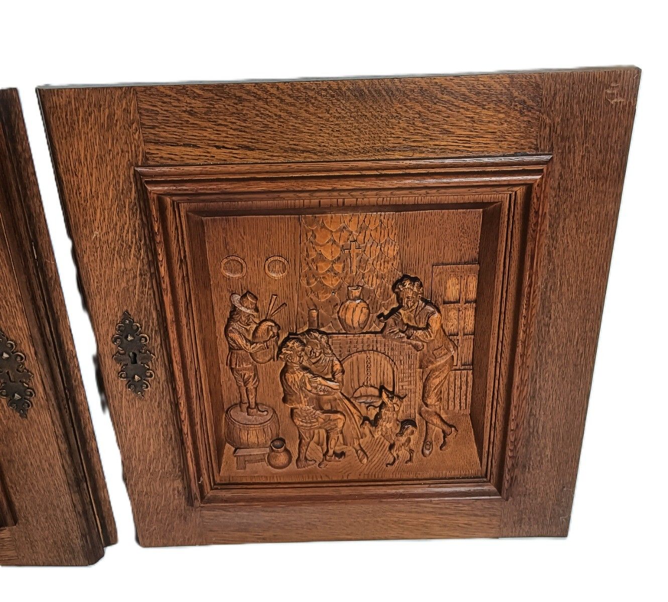 Pair Vintage  Carved Wood Breughel Style  Door Panels Reclaimed Architectural Ca photo for sale