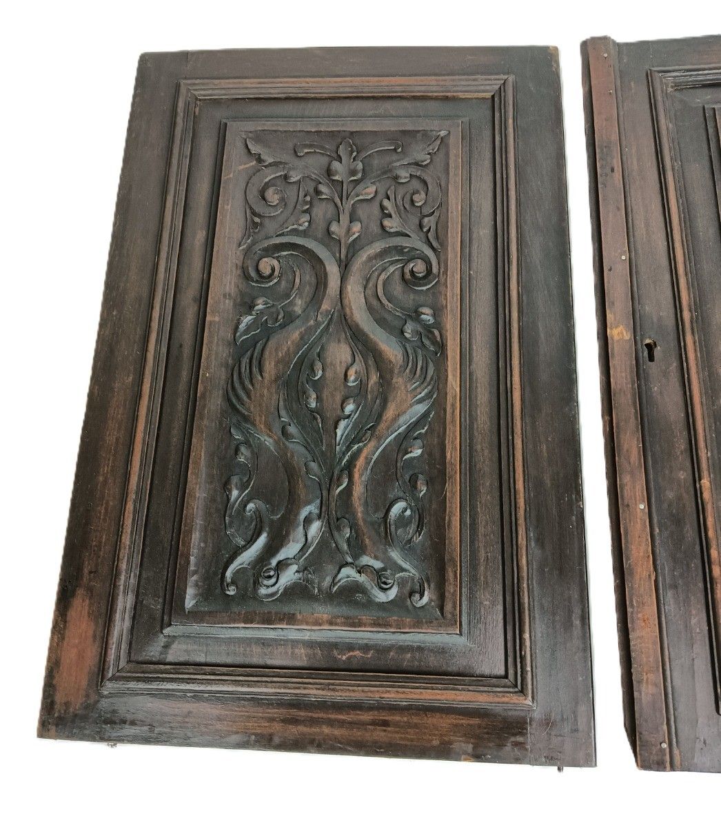 Pair Door Panels Antique Hand Carved Ornate Leafs Architectural Salvaged photo vintage