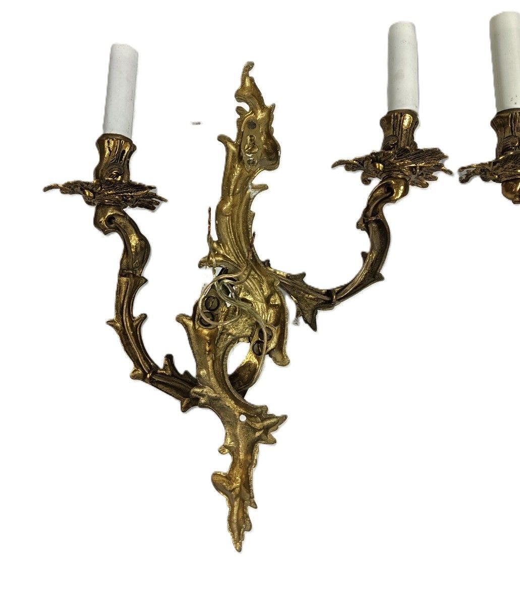 Pair Brass Hollywood Regency Ornate  Double Wall Sconces Vintage Modernist photo 157.0