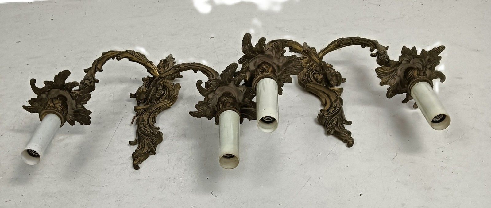 Pair Brass Hollywood Regency Ornate  Double Wall Sconces Vintage Modernist photo vintage