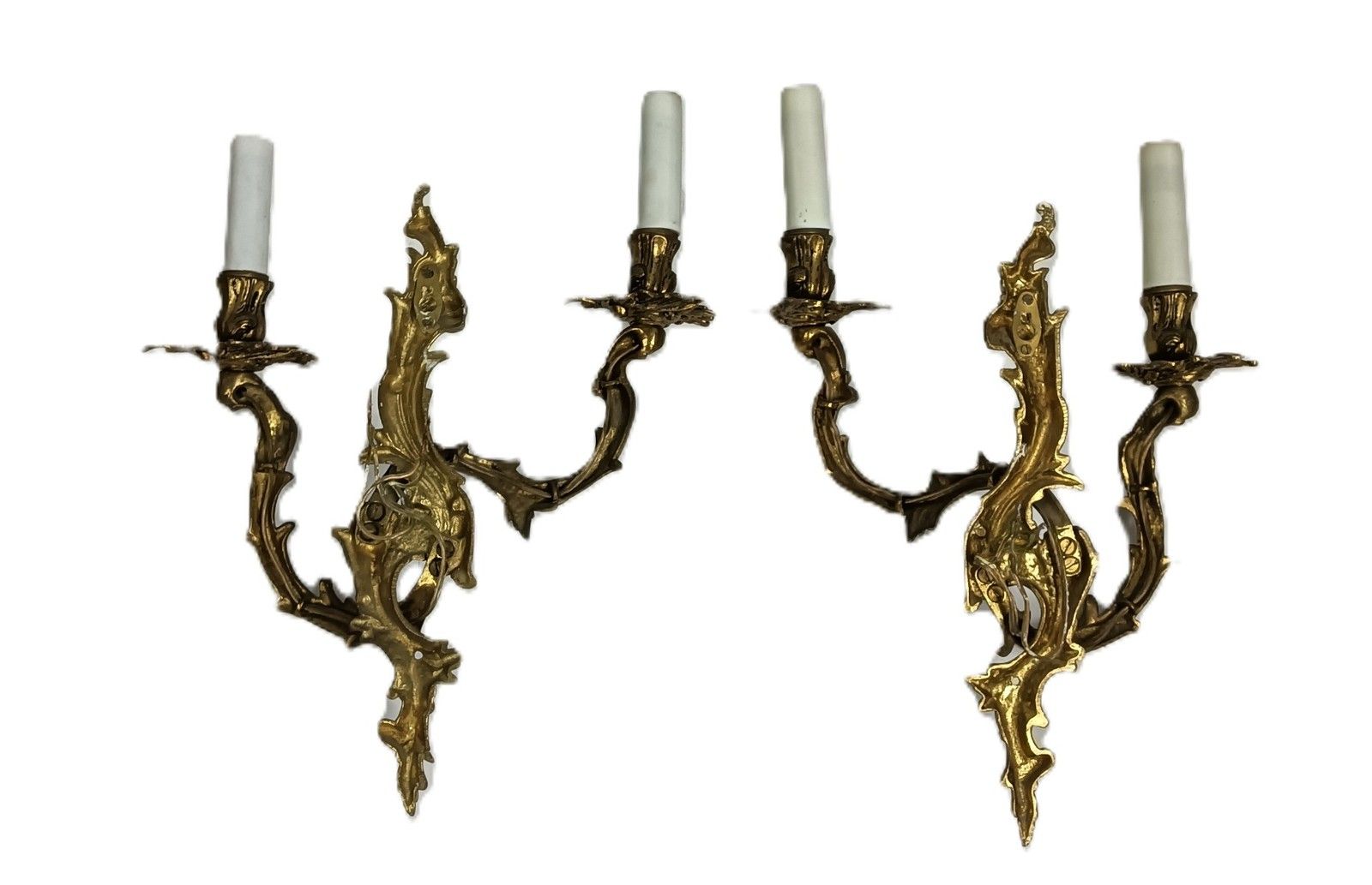 photo for sale Pair Brass Hollywood Regency Ornate  Double Wall Sconces Vintage Modernist