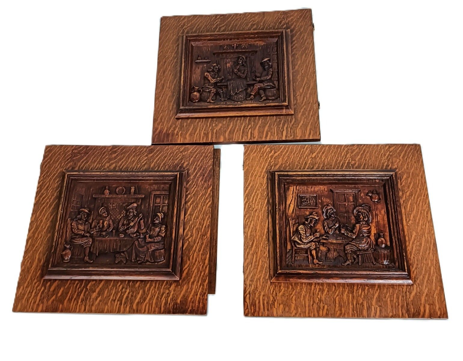 Set Of 3door Panels Vintage Carved Wood Bar Scenes Bas Relief Reclaimed Architec