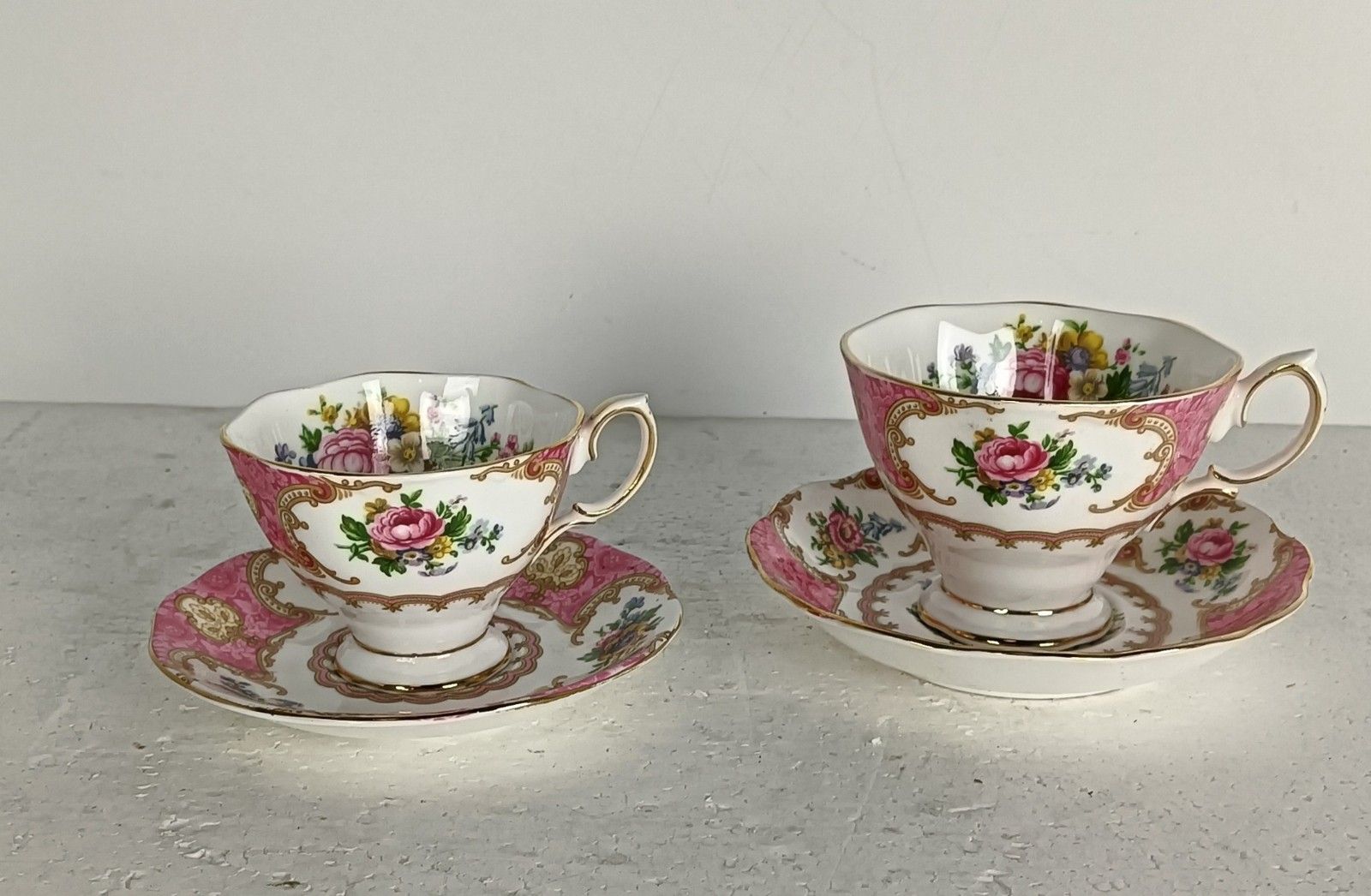 Vintage Royal Albert Bone China Two Tea Cups Saucers Set, Lady Carlyle Pink Desi photo furniture