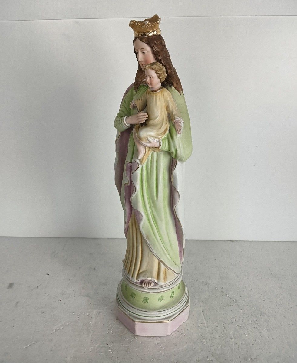 Vintage Bisque Statue Virgin Mary Lady Madonna With Infant Jesus Polychrome Porc photo Art
