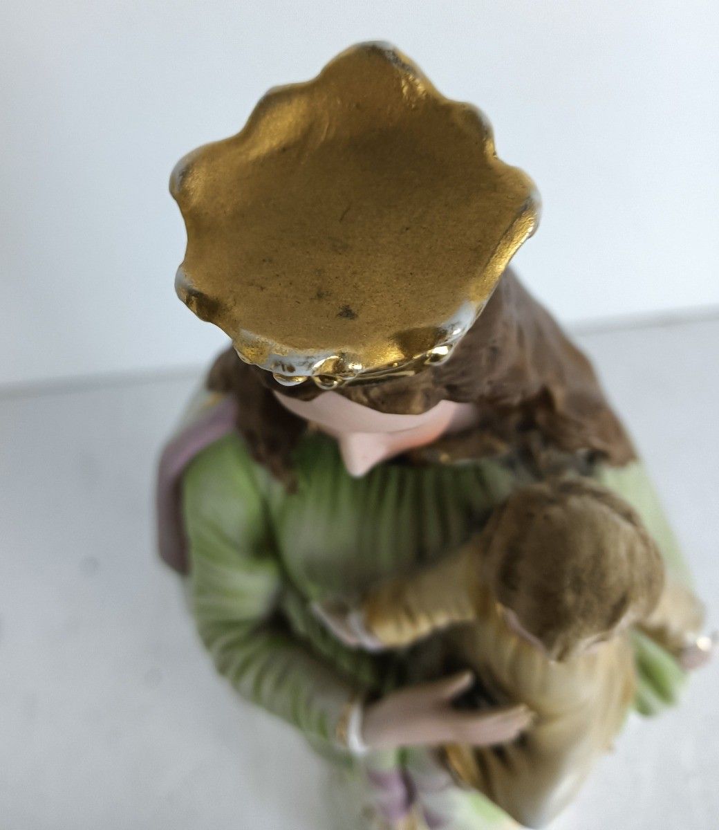 Vintage Bisque Statue Virgin Mary Lady Madonna With Infant Jesus Polychrome Porc photo vinterior