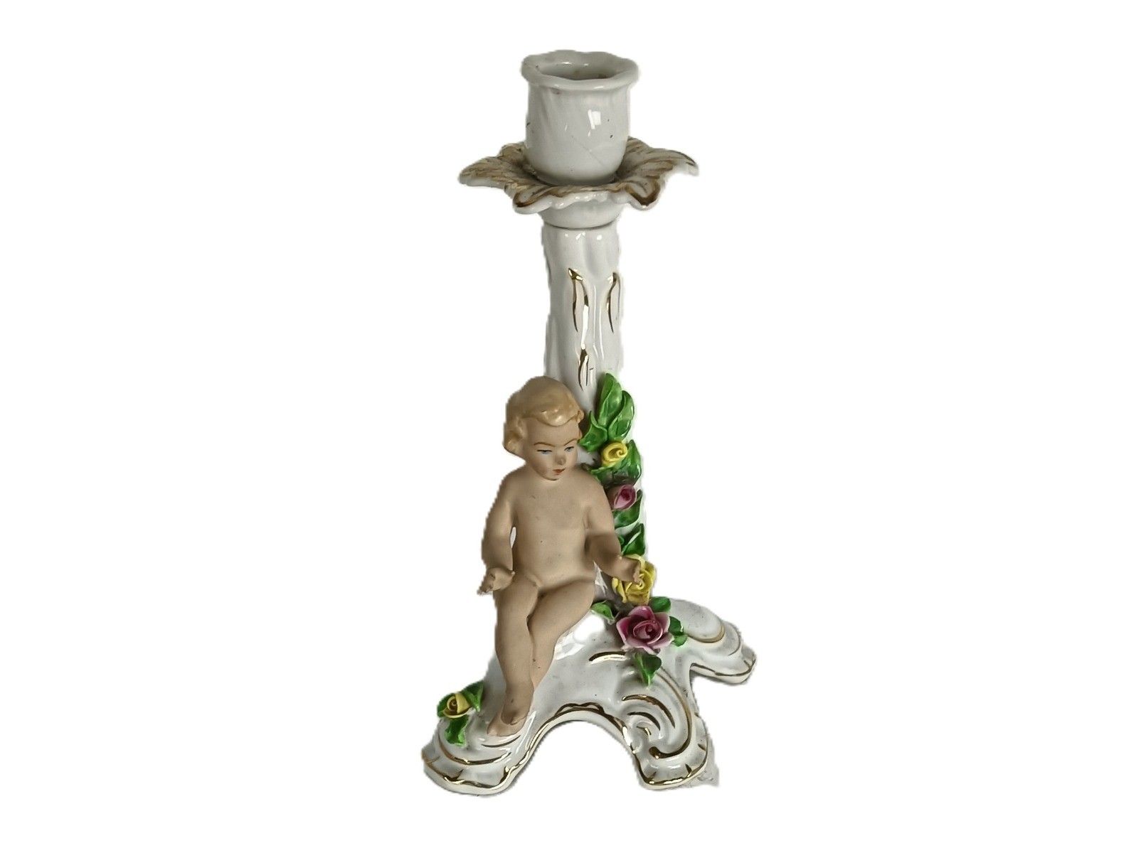 Dresden Porcelain Candle Stick Holder  Putti Rosebuds Germany Rococo Style Vinta