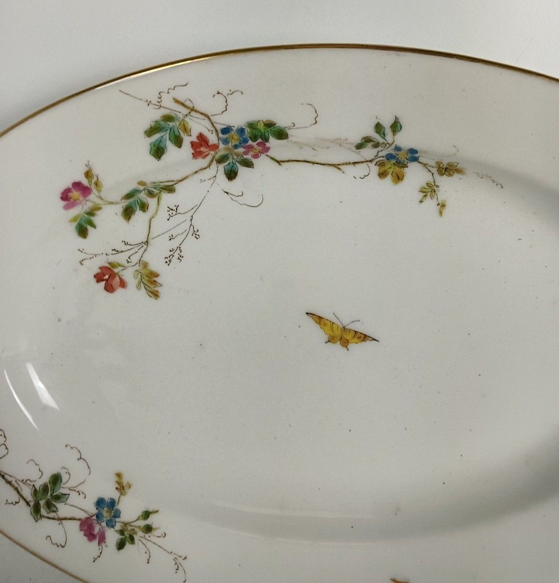Victorian Antique 19th Century Serving Oval Dish Hand Painted Flowers Butterflie photo vinterior