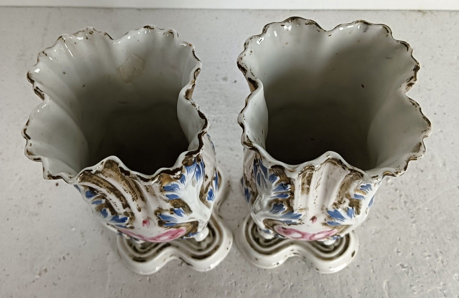 Pair Antique Victorian Porcelain Vieux Paris Polychrome Vases photo for sale