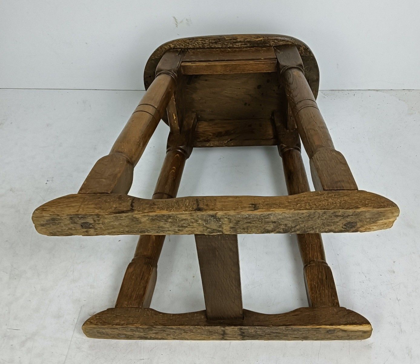Furniture Antique Oak Carved Wood Stool Pedestal Barn Style photo