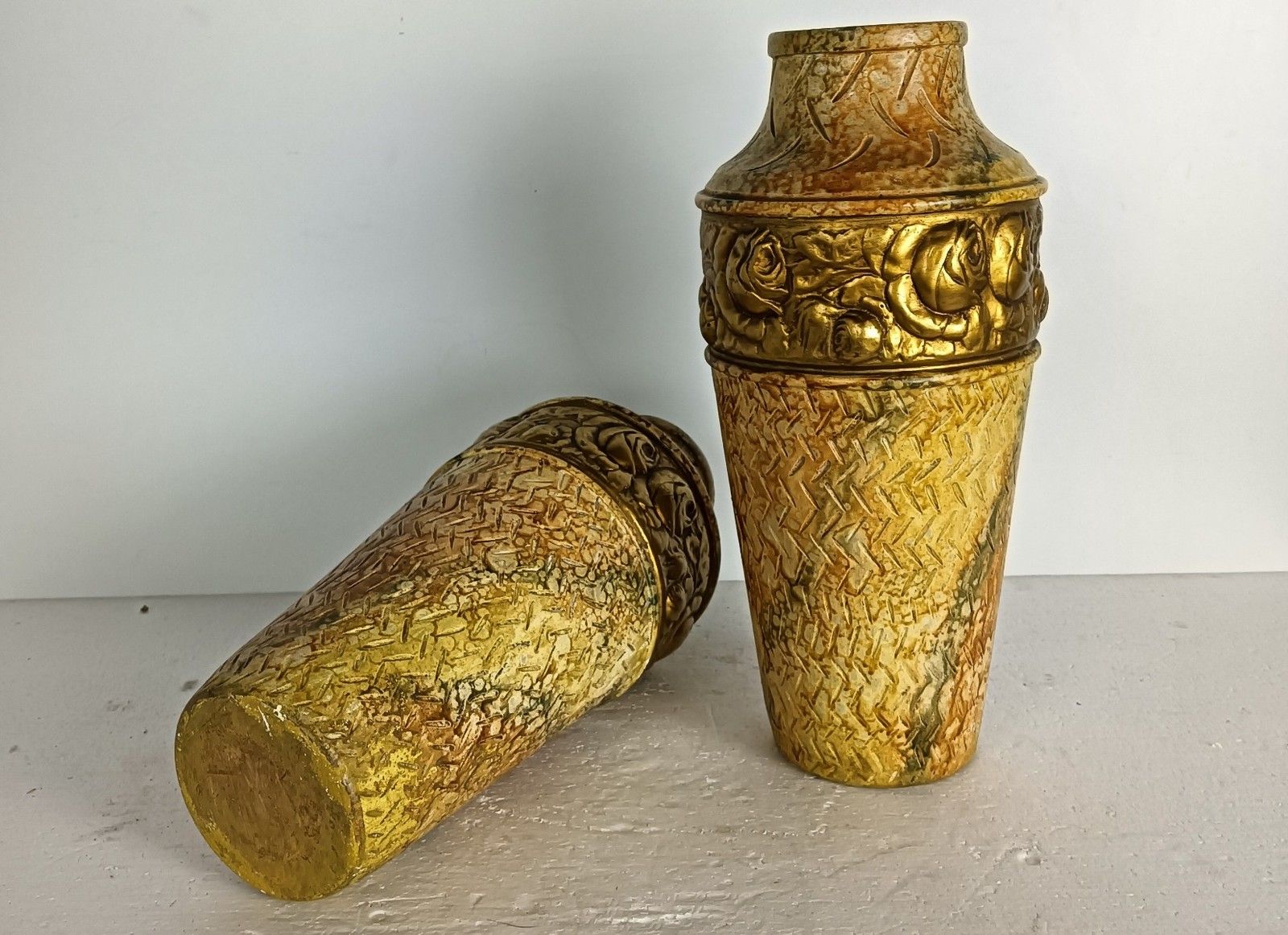 Couple Art Nouveau Plaster Vases Rose Motife Gold Colored Antique photo furniture