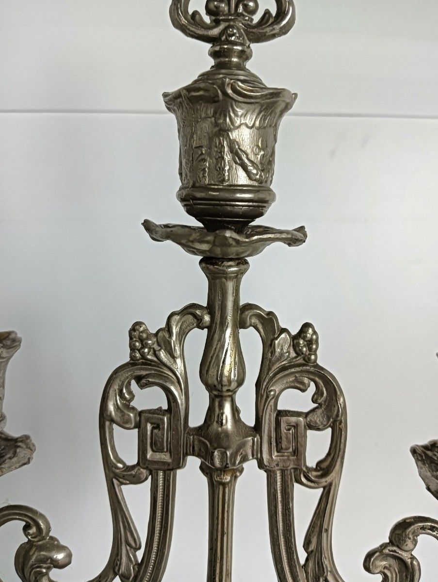 Couple Vintage Candelabra 3 Arm Spelter Candle Sticks Modernist Rococo Style photo vinterior