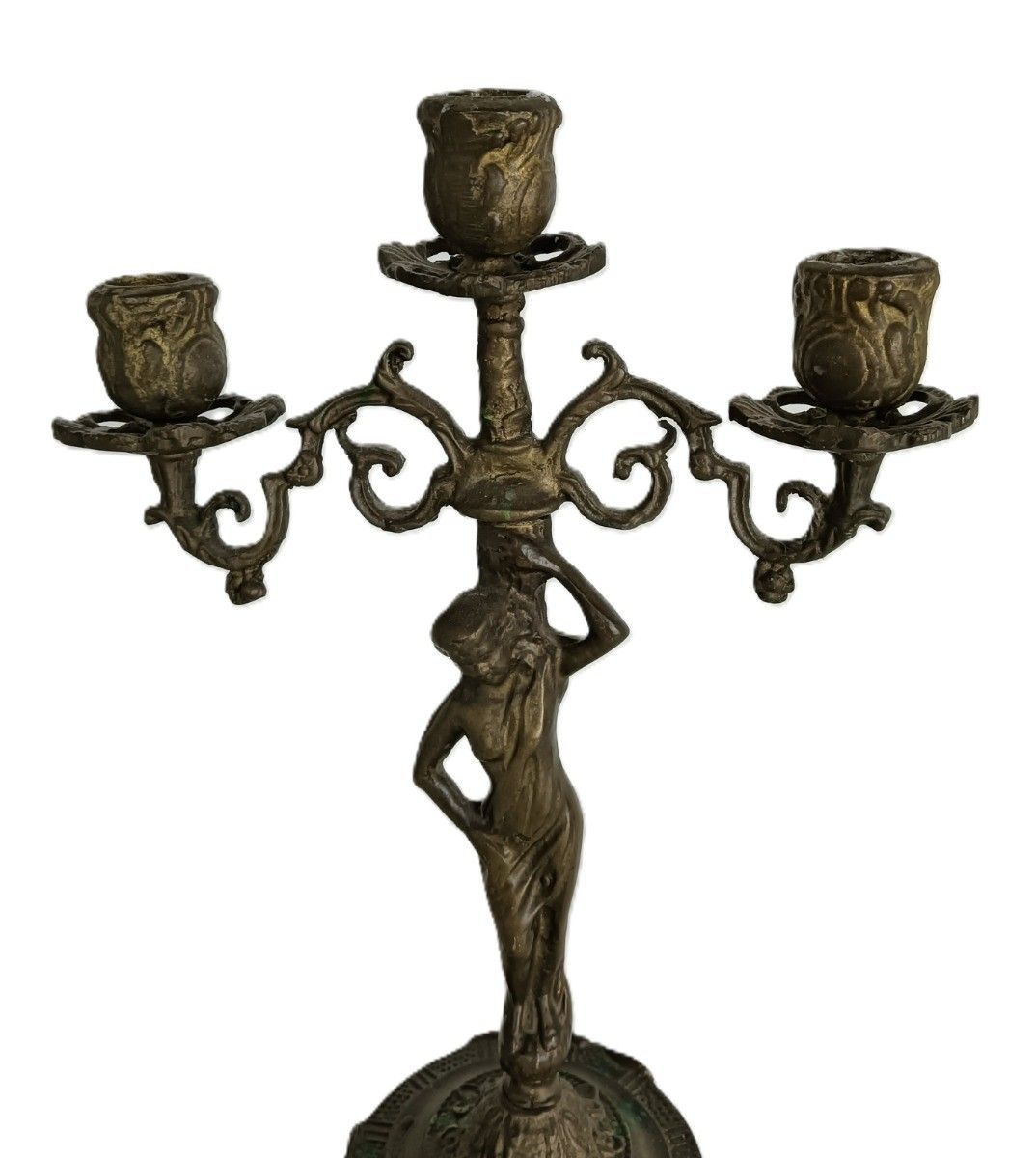 Vintage Spelter Modernist Candelabra 3 Arm Candle Stick Female Figurine photo furniture