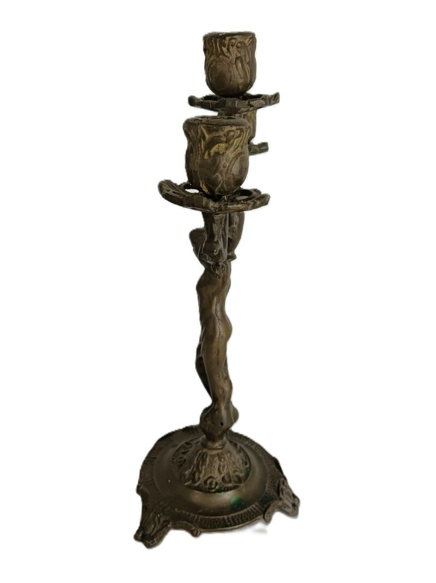 Vintage Spelter Modernist Candelabra 3 Arm Candle Stick Female Figurine photo for sale