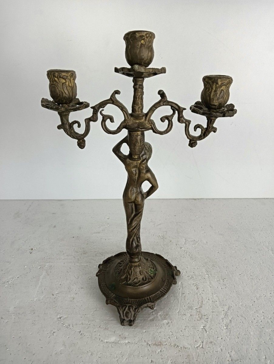 Vintage Spelter Modernist Candelabra 3 Arm Candle Stick Female Figurine photo Home Decor