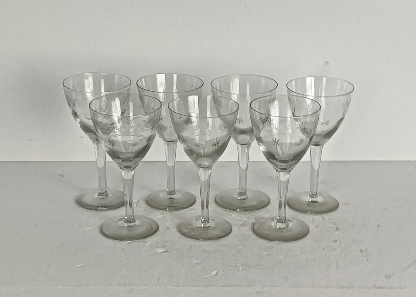 Set Of 7  Champagne Glasses Goblet Hock Cut To Clear Etched  Glass Antique