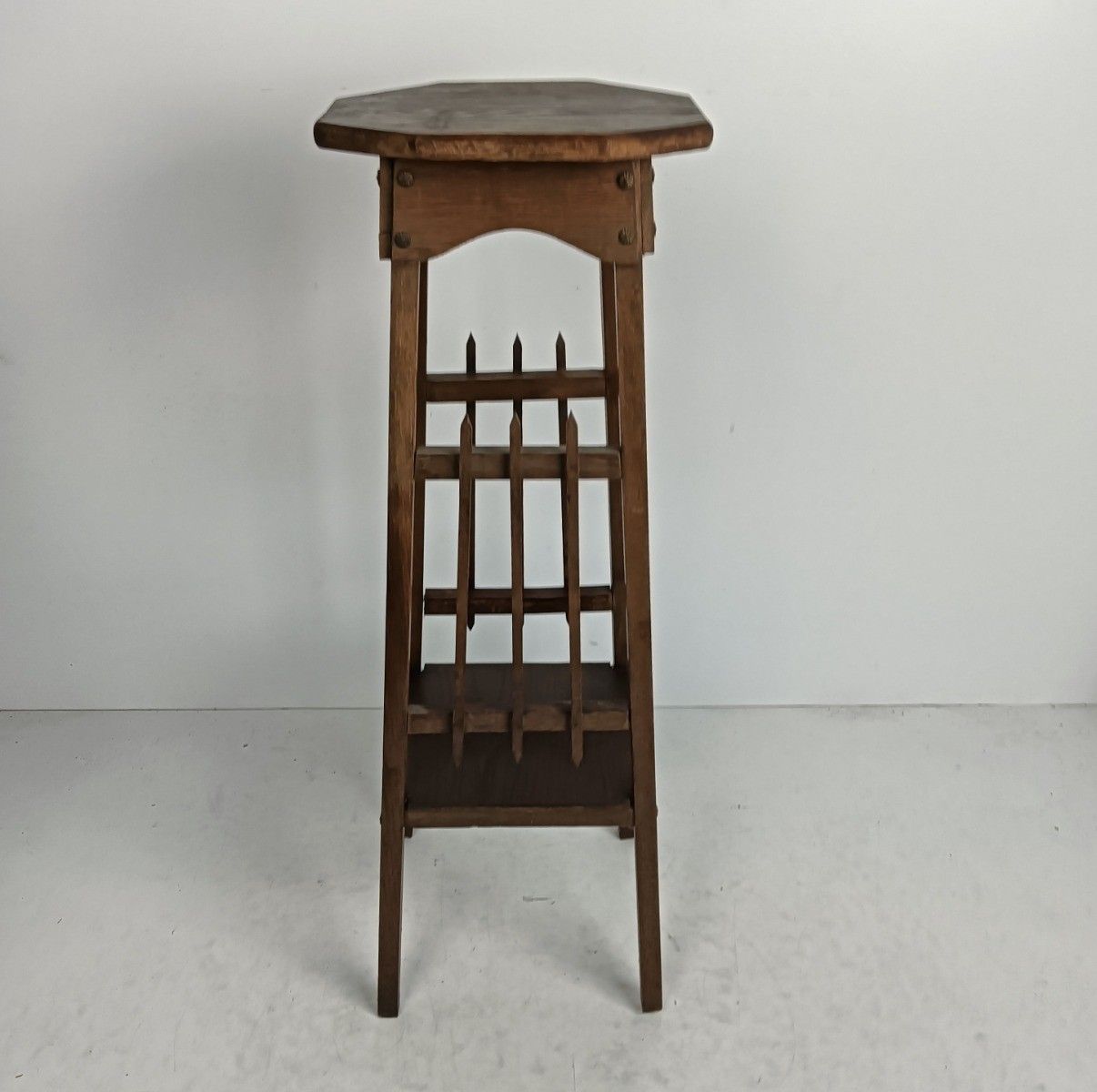 Antique Pedestal Plant Stand With Bars Wood Side Table Barn Style Two Tier photo 248.0