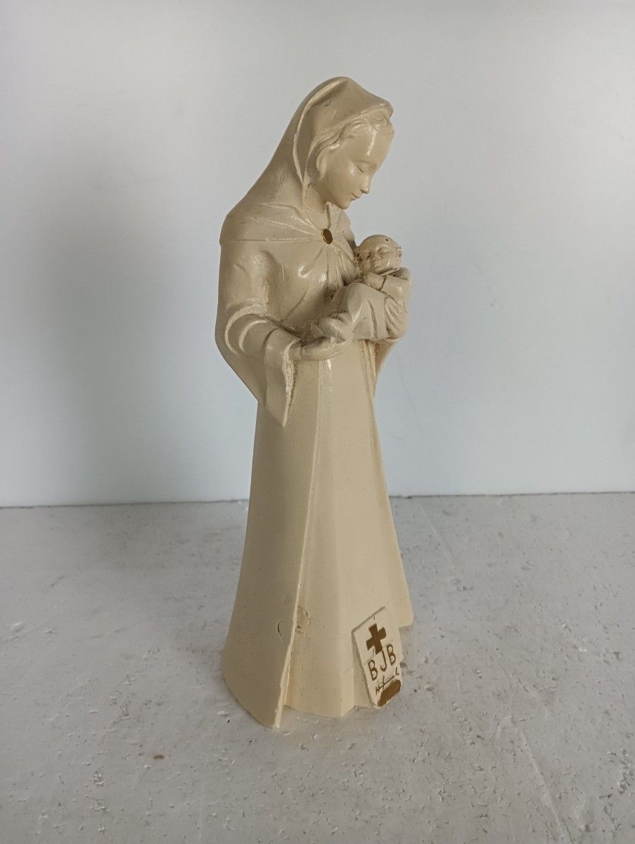 photo for sale Art Deco Statue Virgin Mary Madonna With Infant Plaster Tenderness Bjb