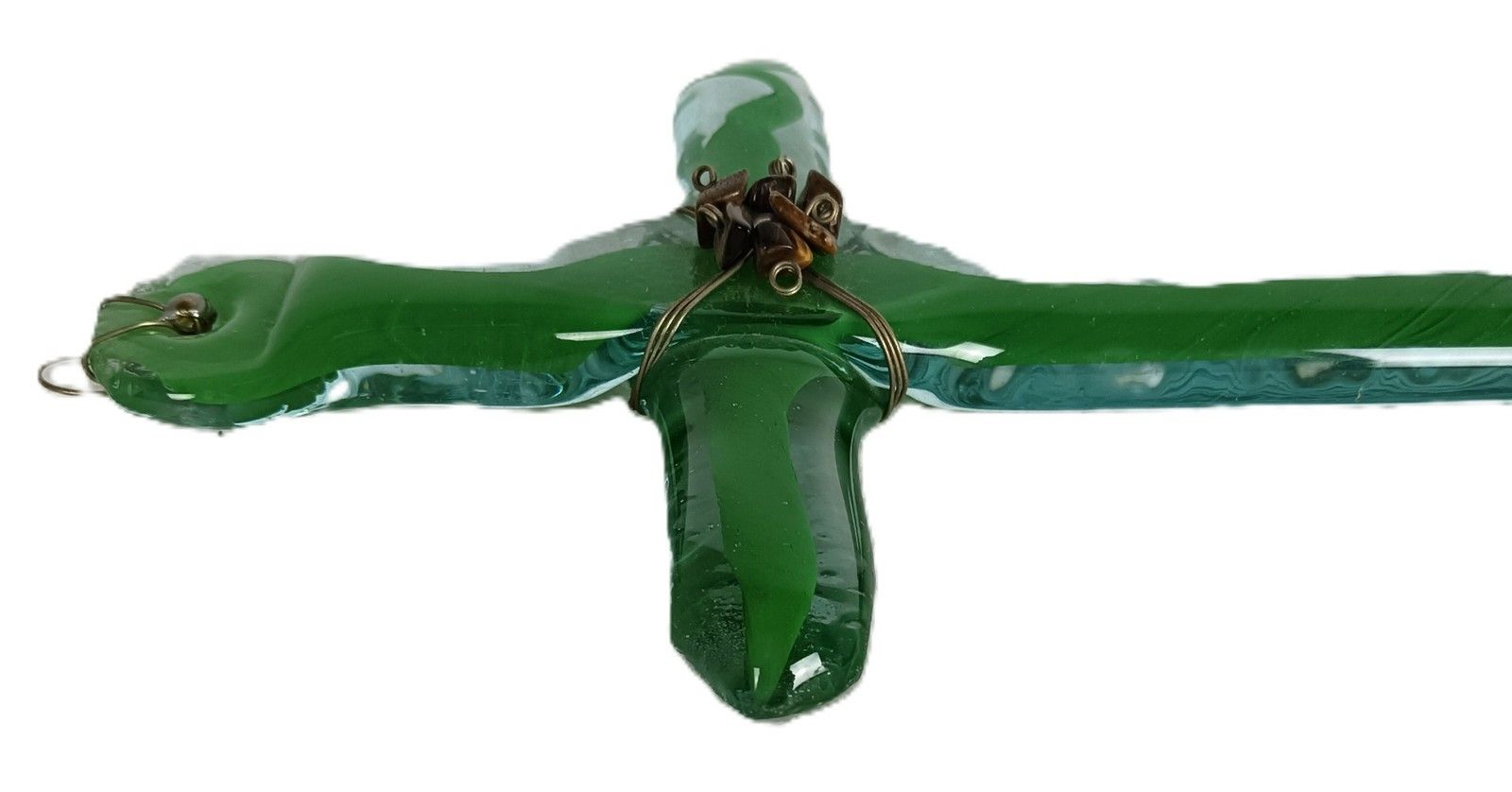 Vintage Art Glass Hanging Crucifix Cross Green Murano Style photo for sale