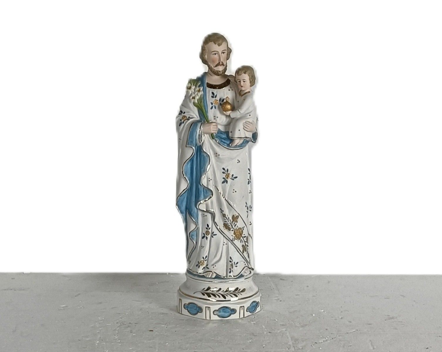 Antique Statue Saint Joseph Protector Of Homes Infant Jesus Bisque Porcelain Pol photo furniture
