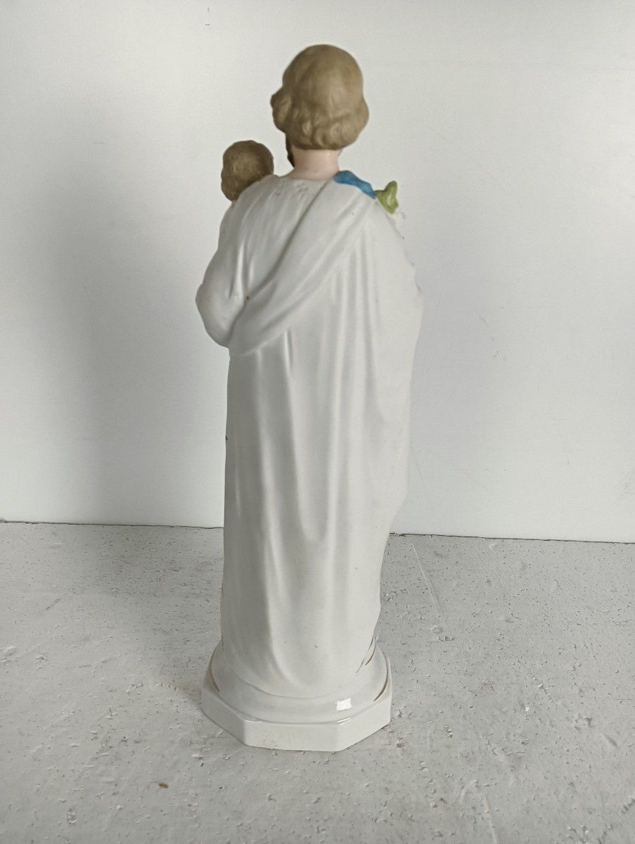 Antique Statue Saint Joseph Protector Of Homes Infant Jesus Bisque Porcelain Pol photo vintage
