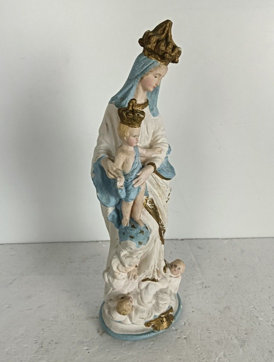 Antique Neo Gothic Statue Plaster Polychrome Our Lady Of Victory With Infant Jes photo 179.0