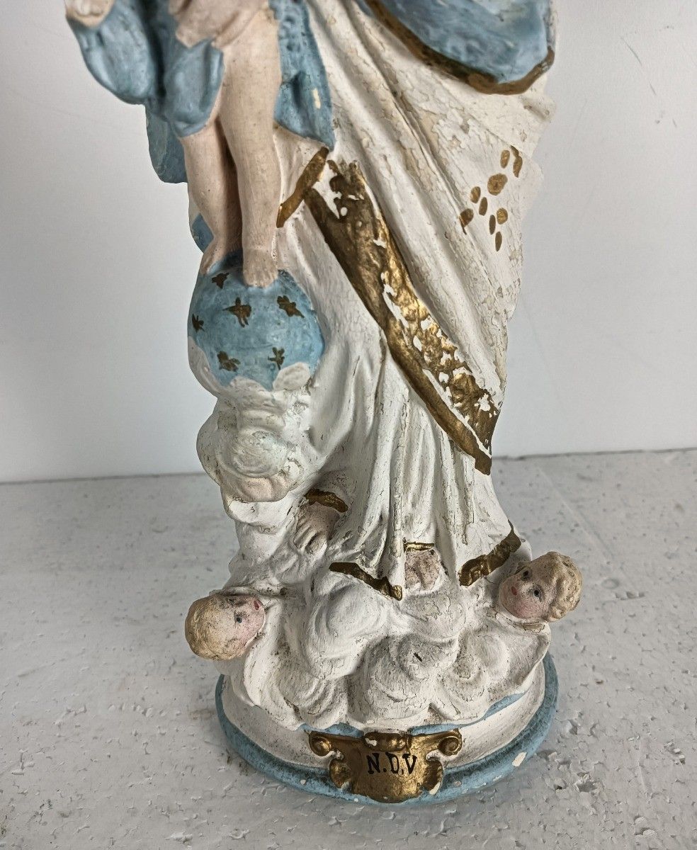 Antique Neo Gothic Statue Plaster Polychrome Our Lady Of Victory With Infant Jes photo vinterior