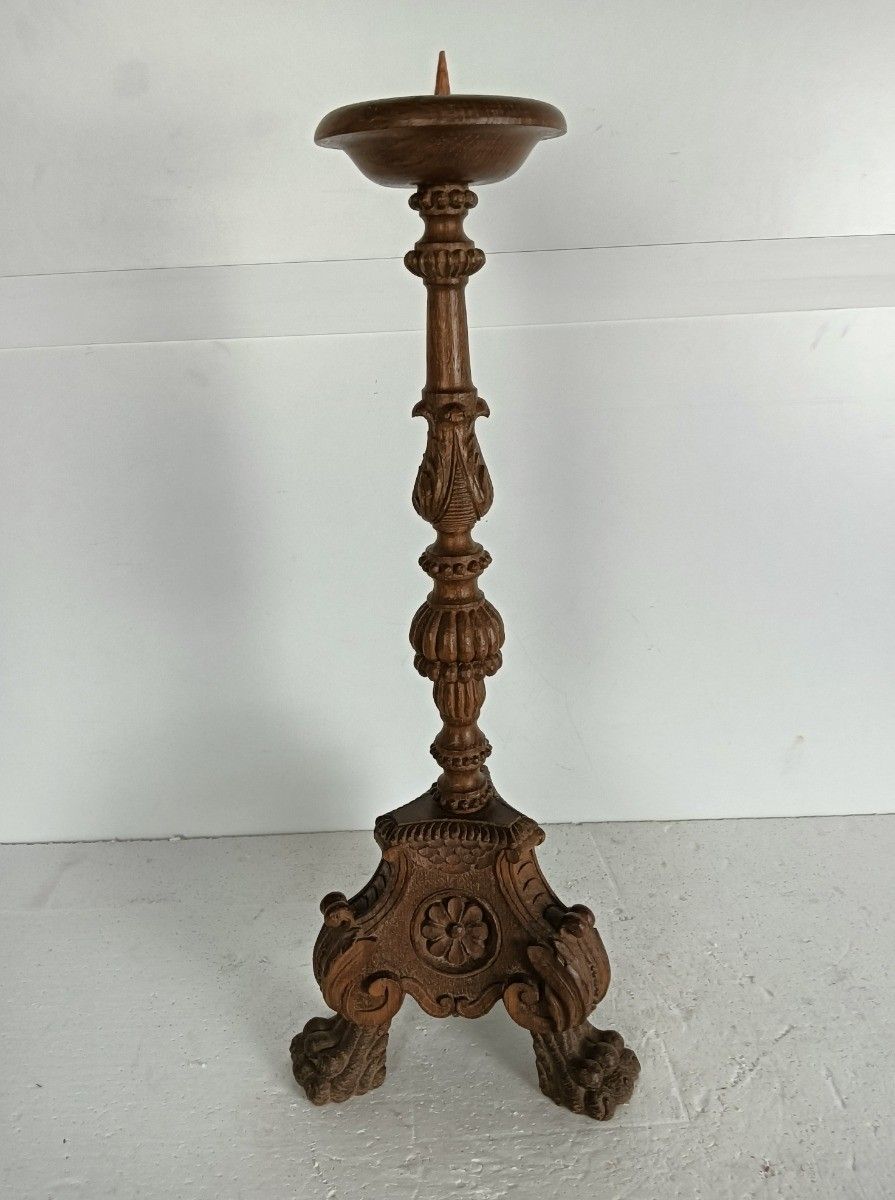 Antique Large Candle Stick Neo Gothic Carved Wood Candle Holder Ornate Lion Feet photo Home Decor