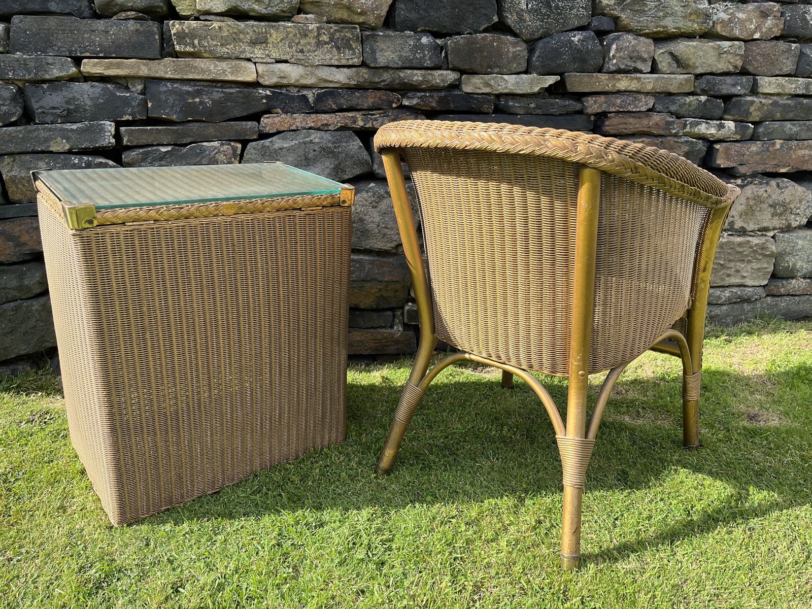 Gold Lloyd Loom Lusty Chair And Laundry Basket With Original Glass photo Furniture