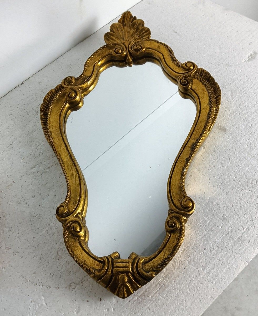 Ornate Wall Mounted Small Console Mirror Hollywood Regency Gold Gilded Plaster O photo vinterior