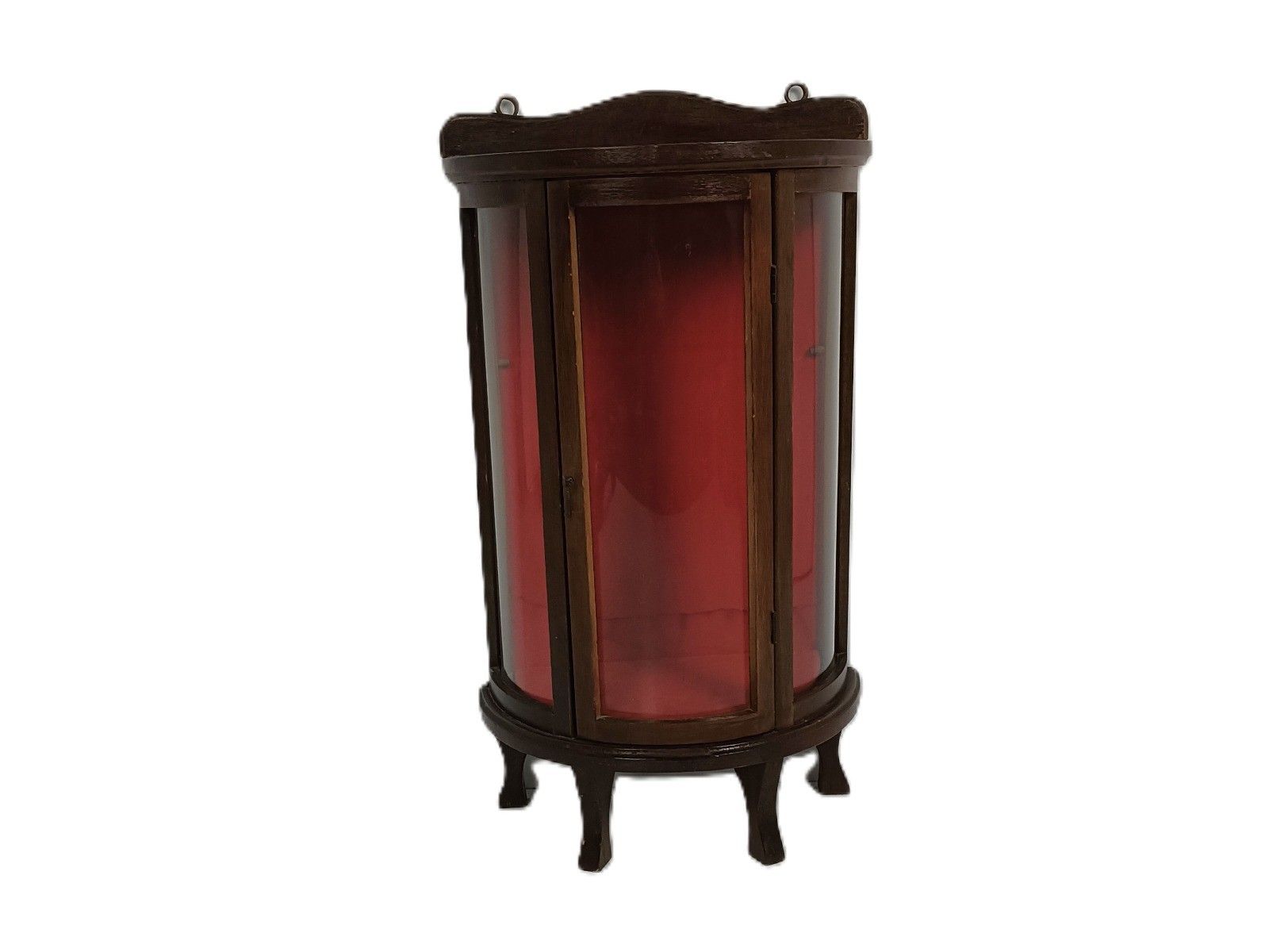 Vintage Display Standing Cabinet Wood Bent Glass Lovely