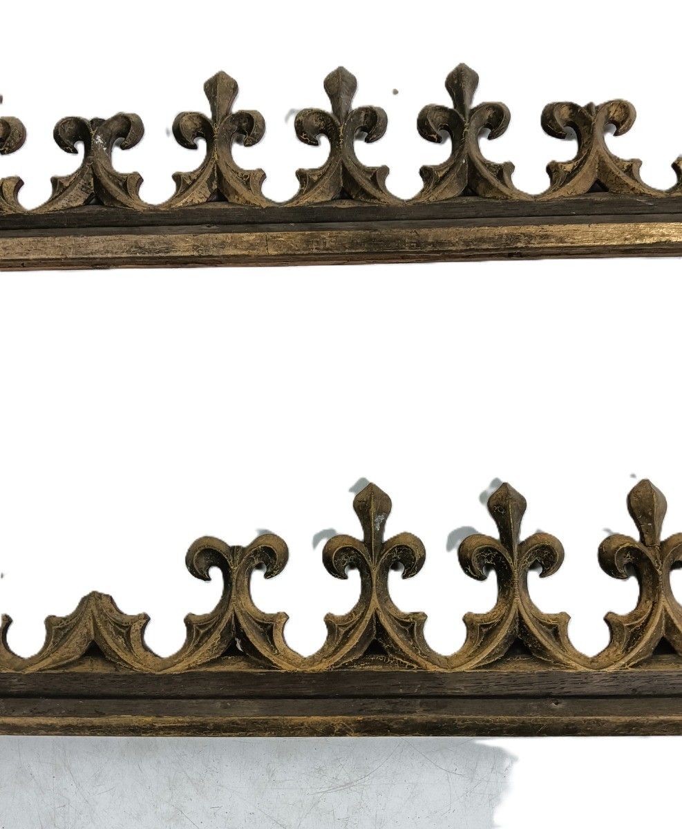 Two Gothic Antique Carved Wooden Pediments Boards Finials French Fleur De Lis Fr photo 718.0