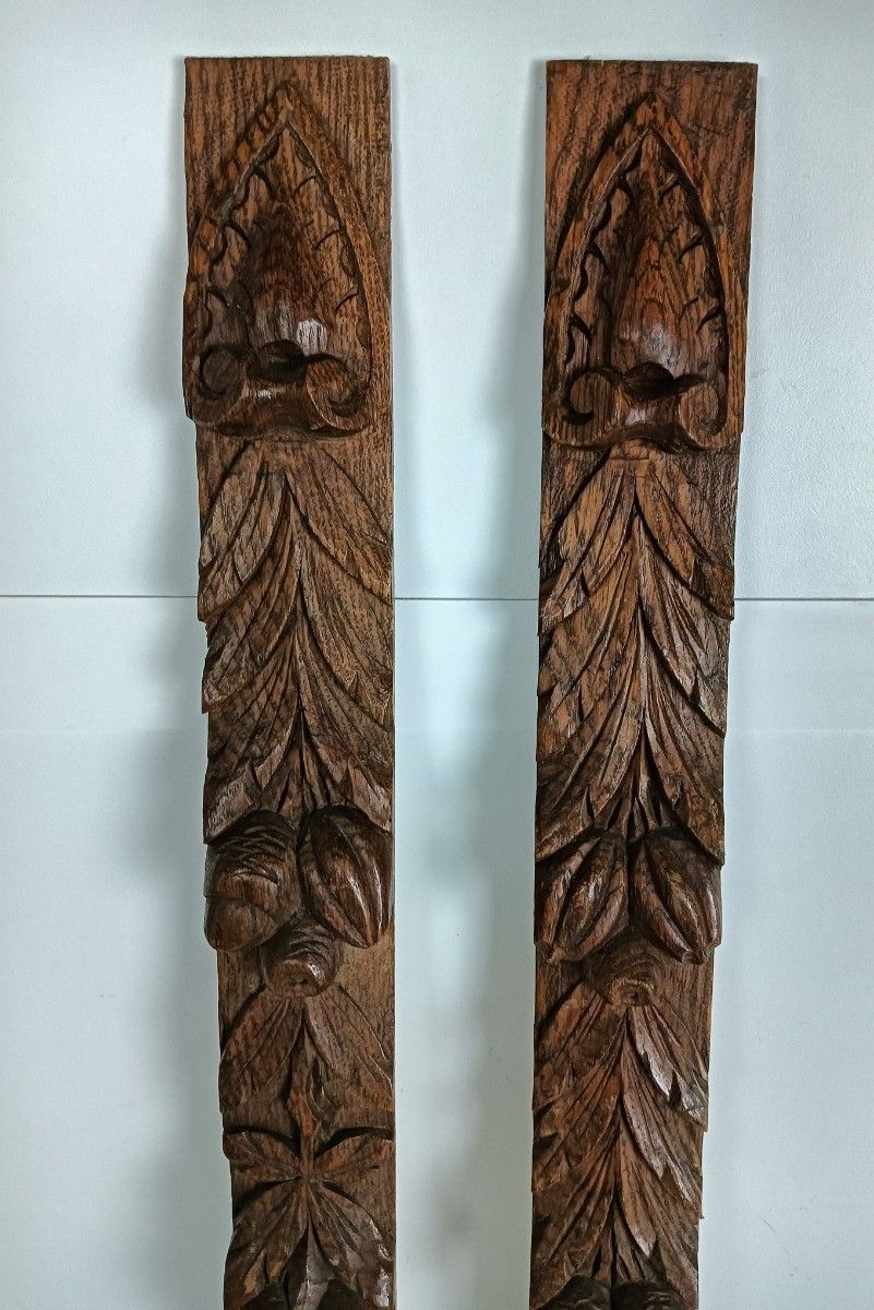 2 Pieces Antique  Bas Relief Hand Carved Wood Reclaimed Architectural Trim Pedim photo for sale