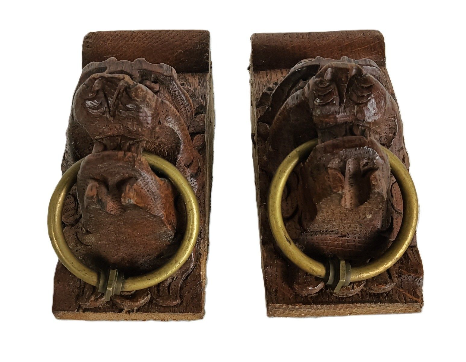 Antique Pair Corbels Hand Carved Wood Architectural Reclaimed Lion Heads Trims W photo 140.0
