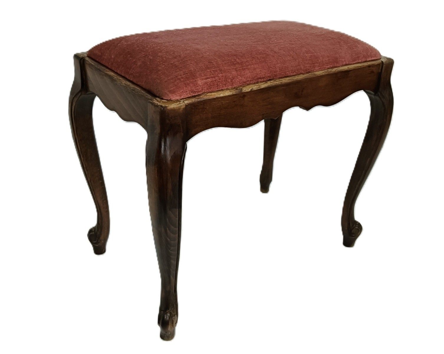 Vintage Footstool Rest Ottoman Fabric Louis XV Style  Red Fabric  Carved Wood photo for sale