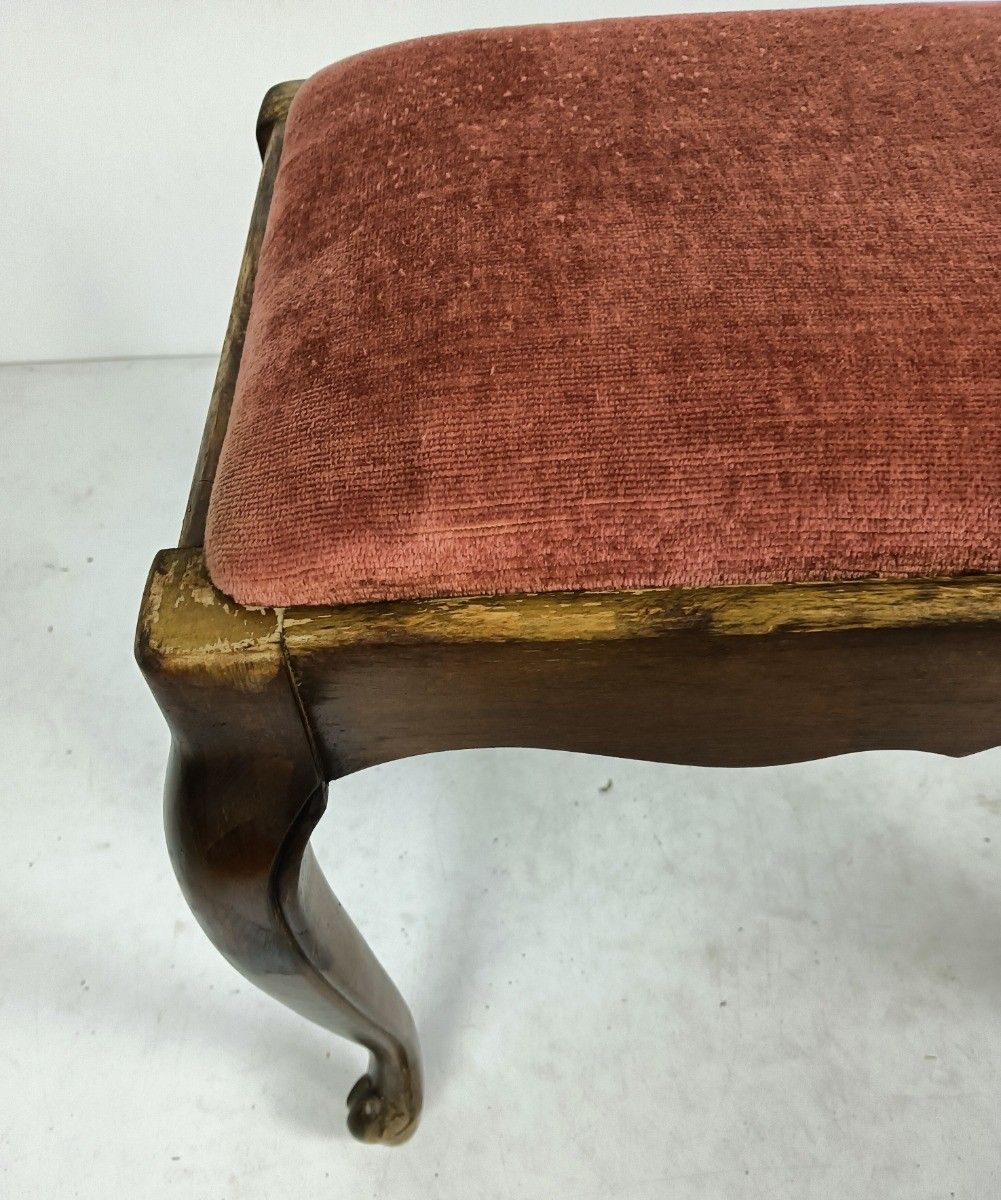 Vintage Footstool Rest Ottoman Fabric Louis XV Style  Red Fabric  Carved Wood photo vinterior