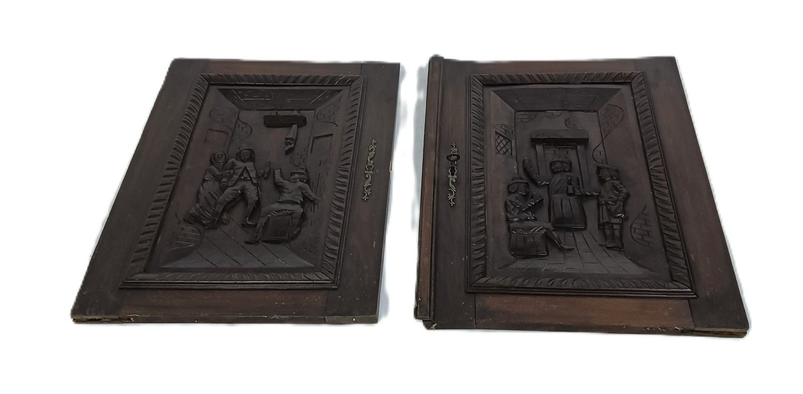 Set Of 2 Dark Wooden Door Panels Doors Carved Wood Ornate Antique Bar Scenes photo furniture