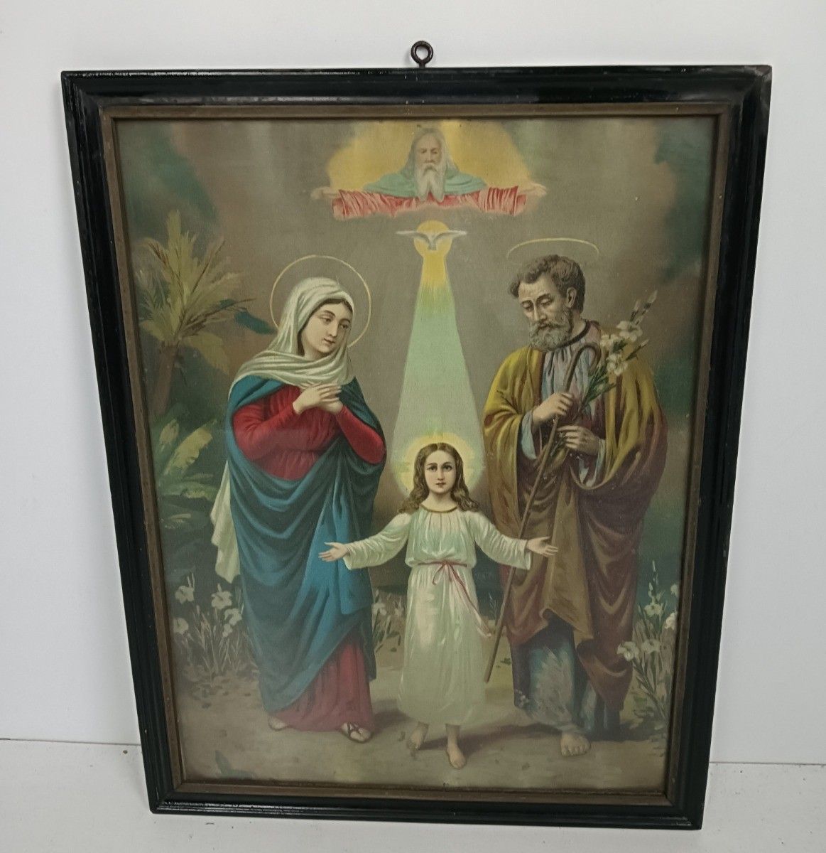 Art Deco Print Behind Glass Wooden Frame Wall Hanging Holy Family Jesus Christ M photo for sale